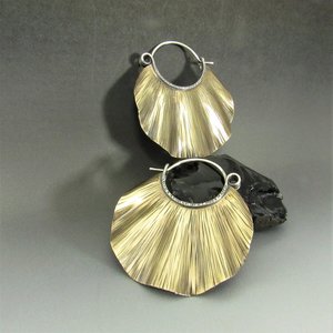 Large Ruffled Brass Earrings With sterling Silver Ear Wires, Nu Gold, Bohemian Style