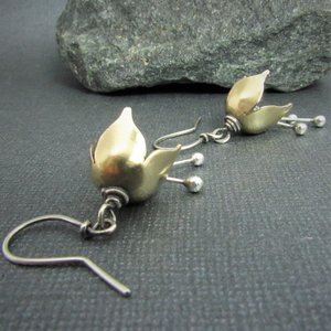 Small Bell Flower Earrings, Mixed Metal Sterling Silver And Bronze Earrings, Handcrafted Metalwork Jewelry