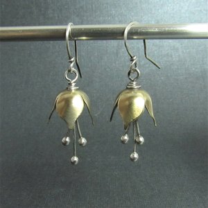 Small Bell Flower Earrings, Mixed Metal Sterling Silver And Bronze Earrings, Handcrafted Metalwork Jewelry