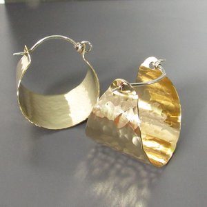 Golden Hammered Brass And Sterling Silver Basket Hoop Earrings