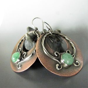 Mixed Metal, Copper And Sterling Silver Green Adventurine Earrings, Large Exotic Earrings