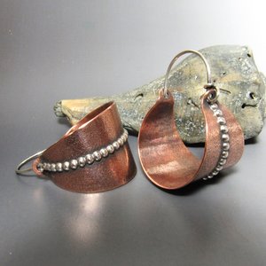 Large Mixed Metal Basket Hoop Earrings, Copper And Sterling Silver, Contemporary Two Tone