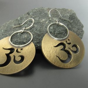 Bronze And Sterling Silver Om Earrings, Large Mixed Metal Dangles, Aum, Yoga, Sanskrit