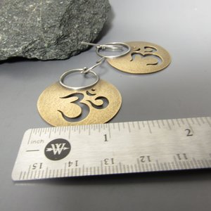 Bronze And Sterling Silver Om Earrings, Large Mixed Metal Dangles, Aum, Yoga, Sanskrit