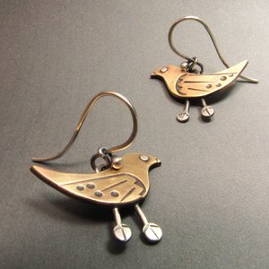 Whimsical Bird Earrings, Bronze and Sterling Silver, Handcrafted Art Jewelry