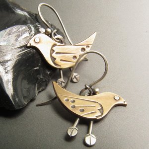 Whimsical Bird Earrings, Bronze and Sterling Silver, Handcrafted Art Jewelry