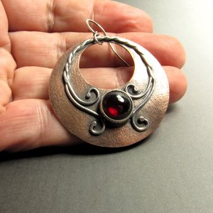 Boho Garnet Earrings, Large Mixed Metal Gypsy Hoops In Copper And Sterling Silver