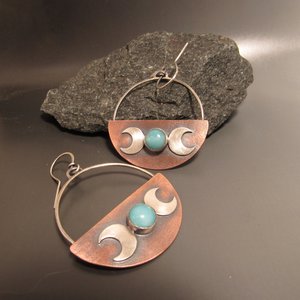 Crescent Moon Triple Goddess Earrings, Mixed Metal Copper, Sterling Silver And Amazonite Earrings