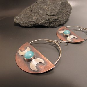Crescent Moon Triple Goddess Earrings, Mixed Metal Copper, Sterling Silver And Amazonite Earrings