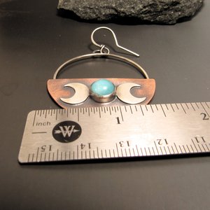 Crescent Moon Triple Goddess Earrings, Mixed Metal Copper, Sterling Silver And Amazonite Earrings