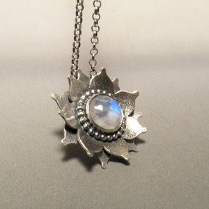 Rainbow Moonstone Lotus Necklace, Argentium Sterling Silver gemstone And Flower Necklace