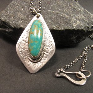Argentium Sterling Silver And American Turquoise Pendant Necklace, Organic Geometric