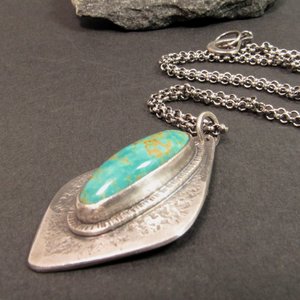 Argentium Sterling Silver And American Turquoise Pendant Necklace, Organic Geometric