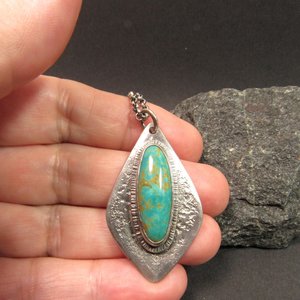 Argentium Sterling Silver And American Turquoise Pendant Necklace, Organic Geometric