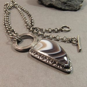 Handcrafted  Botswana Agate Pendant Necklace For Men, Women, Unisex, Argentium Silver Jewelry