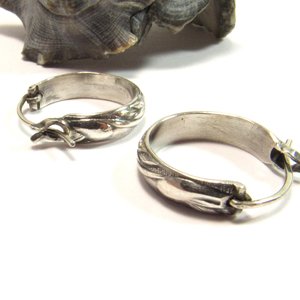 Small Sterling Silver Hoop Earrings, Swirl Design, Latching Clasp