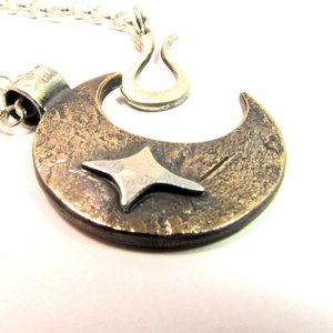 Rustic Bronze Crescent Moon Necklace, Unisex Sterling Silver Star Pendant