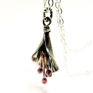 Handmade Sterling Silver Lily Necklace, Flower Jewelry, Red Copper Stamens
