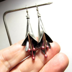 Large Mixed Metal Flower Earrings – Argentium Sterling Silver & Flame-Reddened Copper