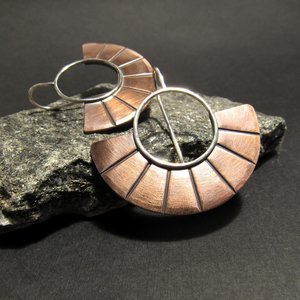 Contemporary  Copper Earrings, Mixed Metal Two Tone Fan Earrings