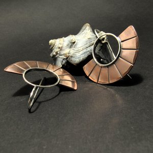 Contemporary  Copper Earrings, Mixed Metal Two Tone Fan Earrings