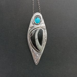 unique argentium sterling pendant with fossil and turquoise with 18 inch chain