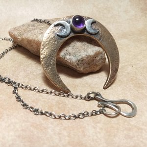 Argentium, Bronze & Amethyst Moon Necklace, Upside Down Crescent
