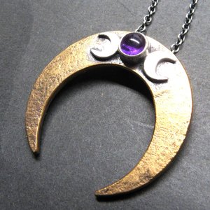Argentium, Bronze & Amethyst Moon Necklace, Upside Down Crescent