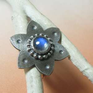 Rainbow Moonstone Flower Ring, Argentium Sterling Silver, Tribal Style (Size 6.5)