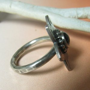 Rainbow Moonstone Flower Ring, Argentium Sterling Silver, Tribal Style (Size 6.5)