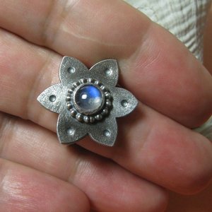 Rainbow Moonstone Flower Ring, Argentium Sterling Silver, Tribal Style (Size 6.5)