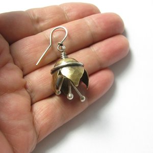 Mixed Metal Bell Flower Earrings, Sterling Silver, Bronze, Artisan Jewelry