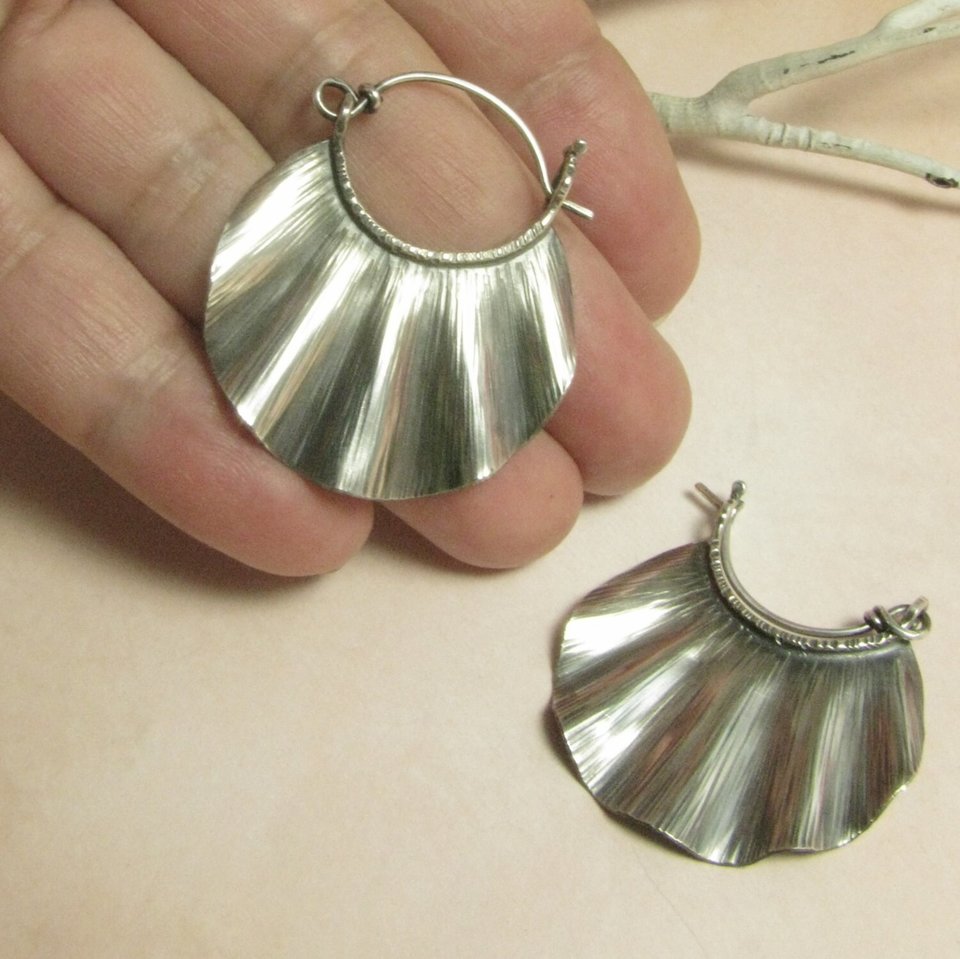 Argentium Sterling Silver Ruffle Hoop Earrings, Artisan Crafted
