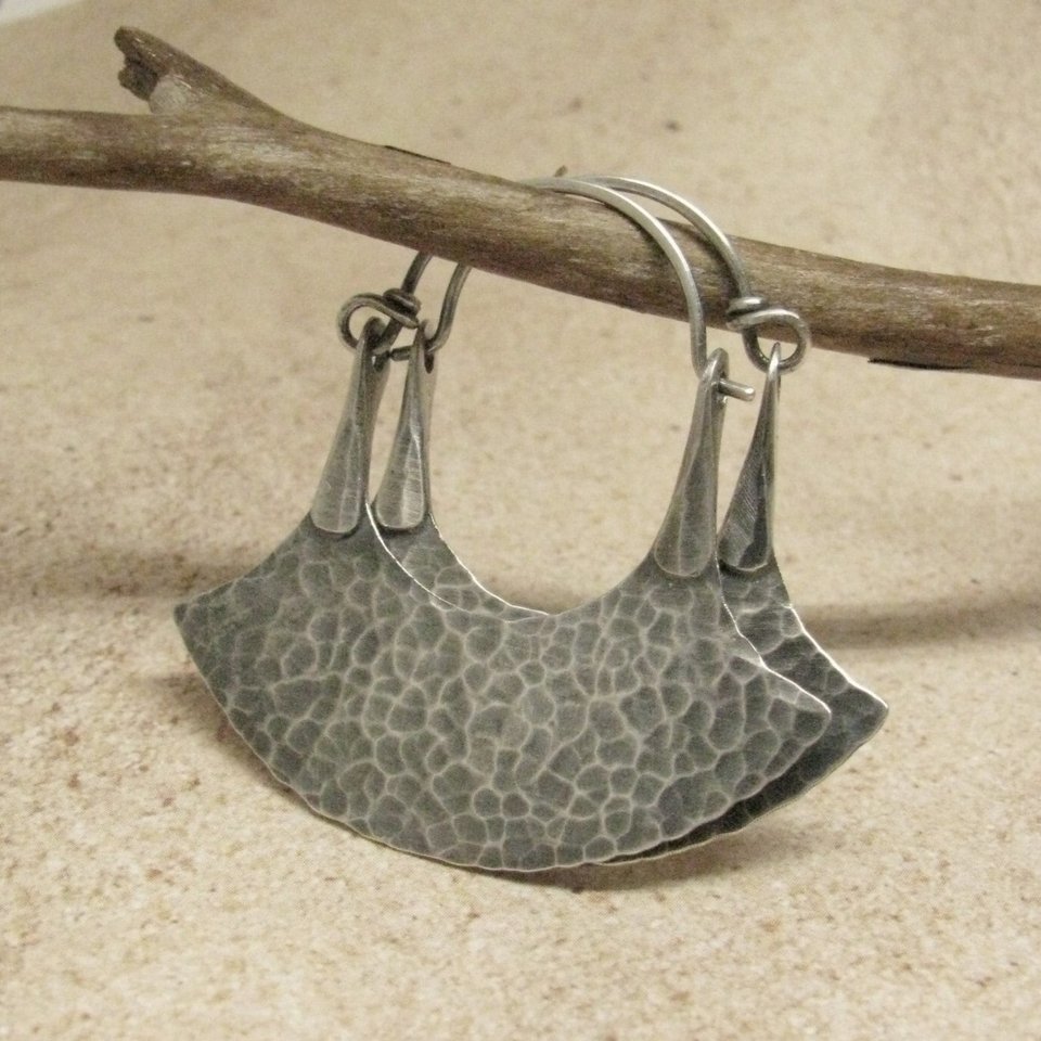 Large Sterling Silver Tribal Earrings, Forged Blade Hoop Earrings, Rustic Urban Metalsmith Jewelry