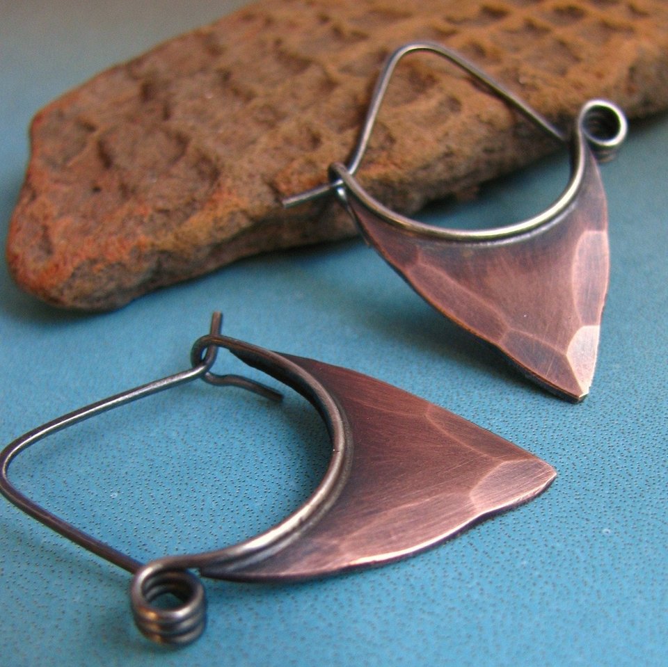 Hammered Copper Earrings, Sterling Silver Ear Wire, Tribal Pixie Style