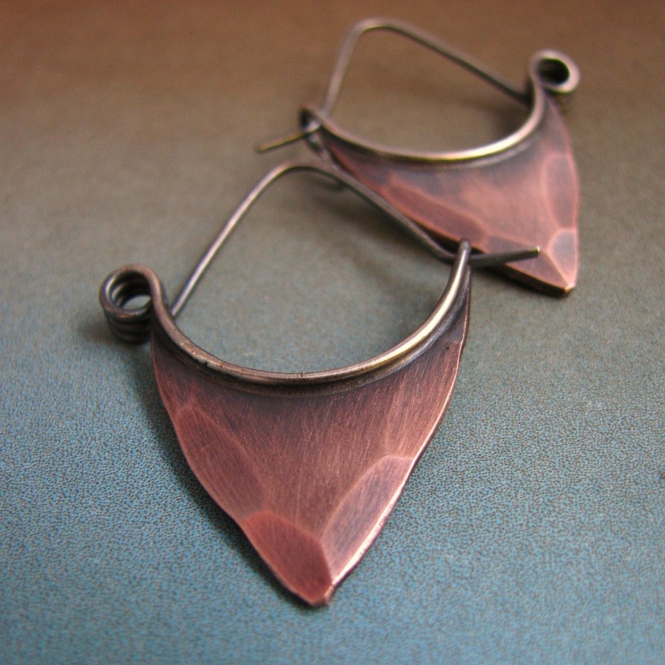 Hammered Copper Earrings, Sterling Silver Ear Wire, Tribal Pixie Style