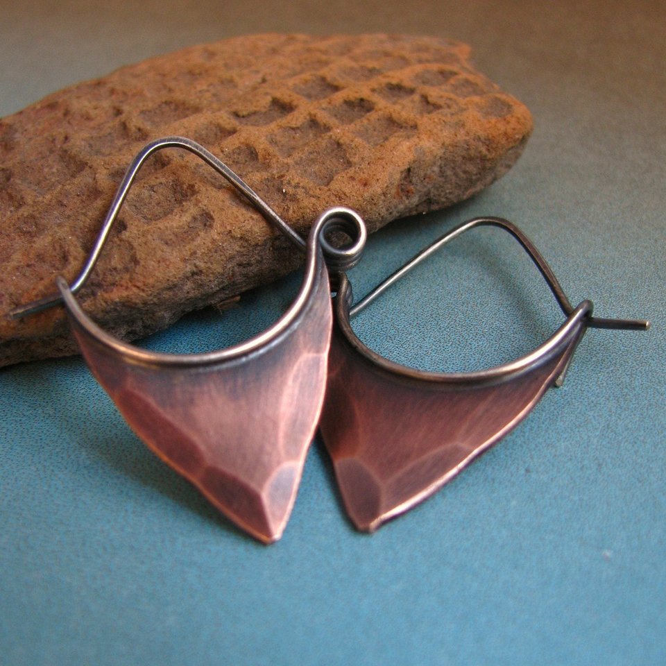 Hammered Copper Earrings, Sterling Silver Ear Wire, Tribal Pixie Style