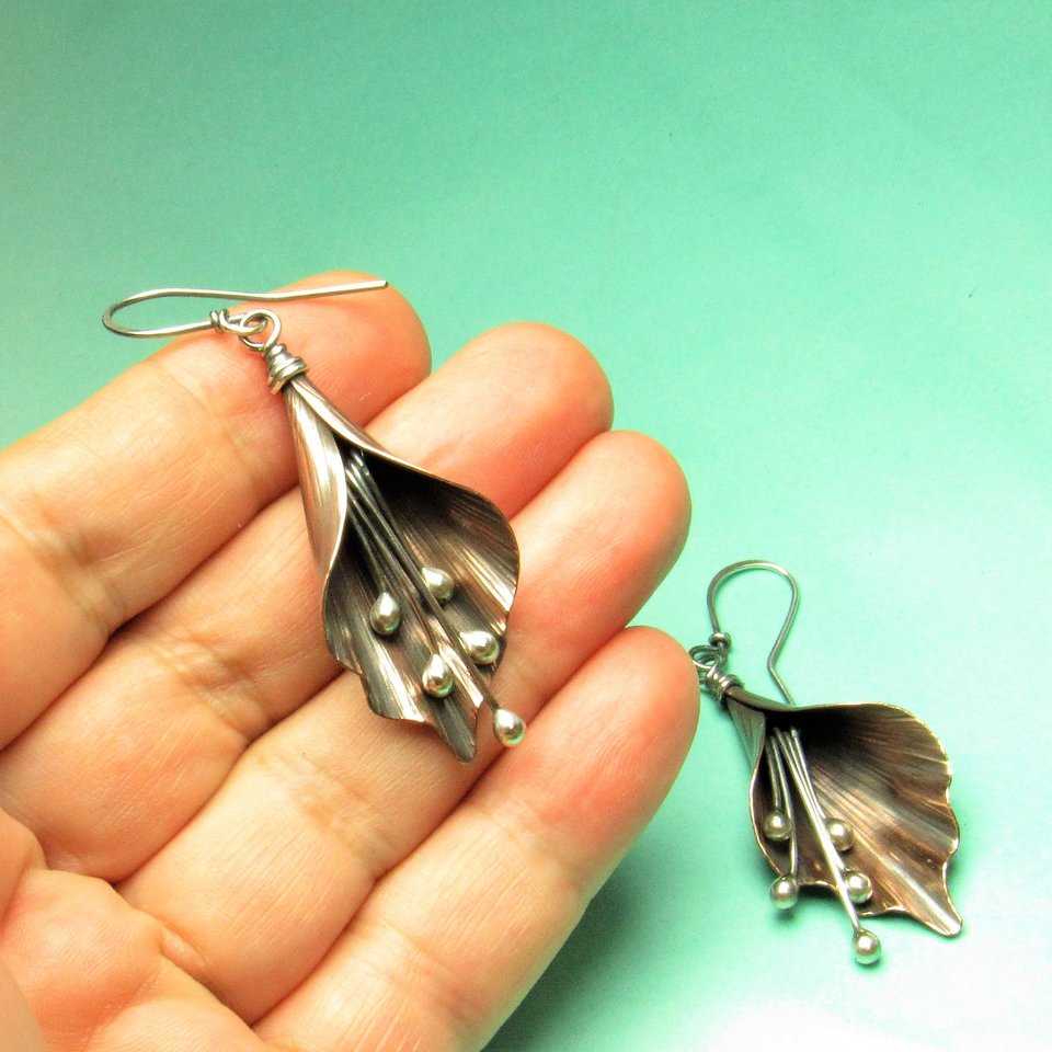 Handcrafted Lily Flower Earrings, Copper and Argentium Sterling Silver