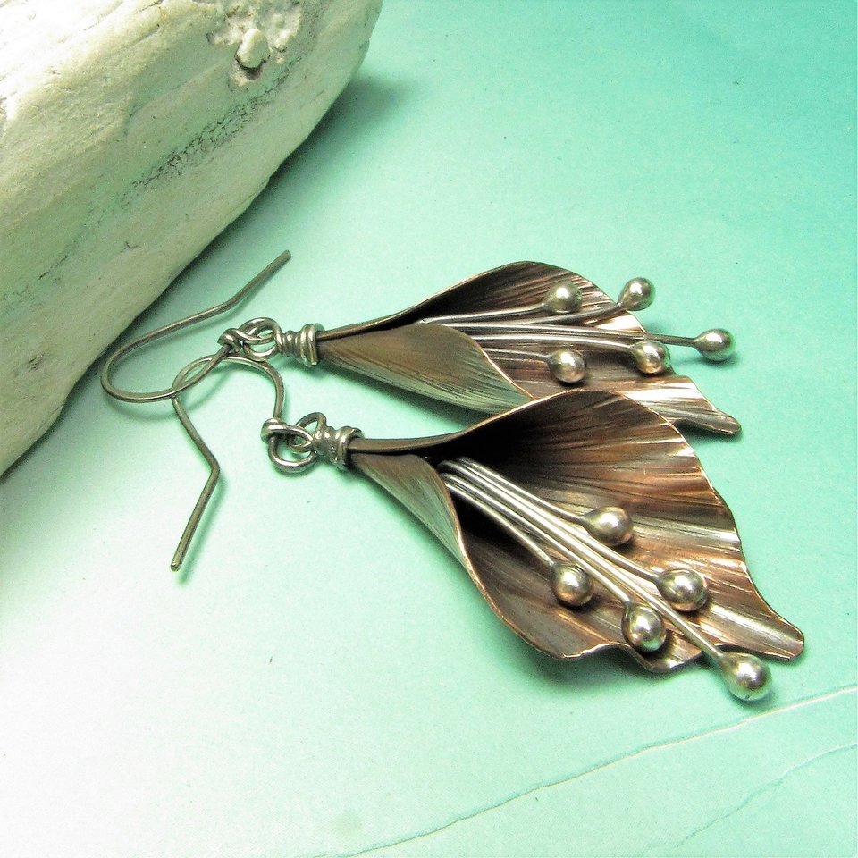 Handcrafted Lily Flower Earrings, Copper and Argentium Sterling Silver