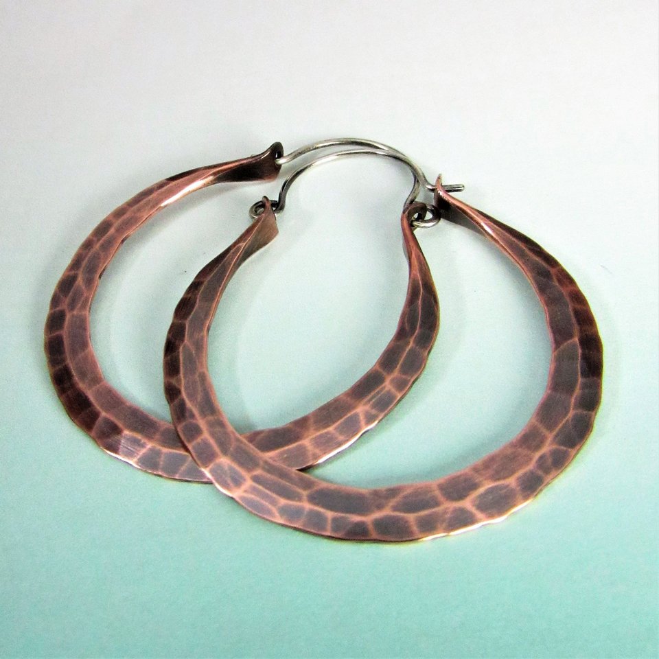 Hammered Copper Hoop Earrings, Sterling Silver Wires, Boho Rio Style