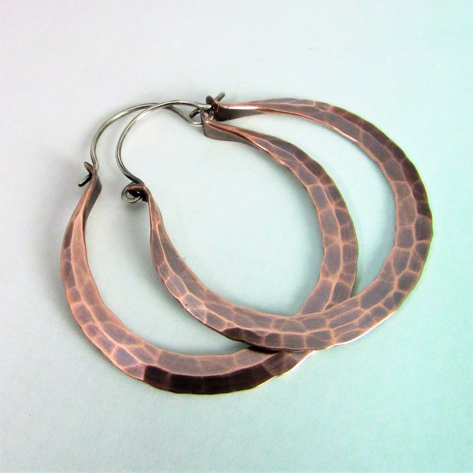 Hammered Copper Hoop Earrings, Sterling Silver Wires, Boho Rio Style