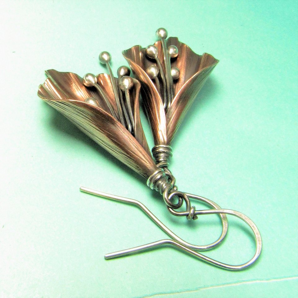 Handcrafted Lily Flower Earrings, Copper and Argentium Sterling Silver