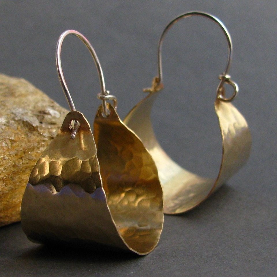 Hammered Brass Hoop Earrings, Sterling Silver Ear Wire