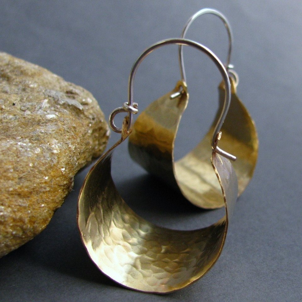 Hammered Brass Hoop Earrings, Sterling Silver Ear Wire