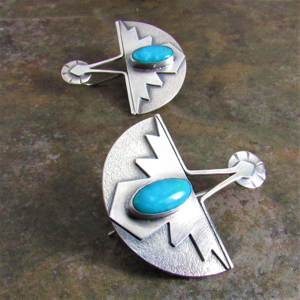 Turquoise Thunderbird Earrings,  Southwest Argentium Silver Jewelry