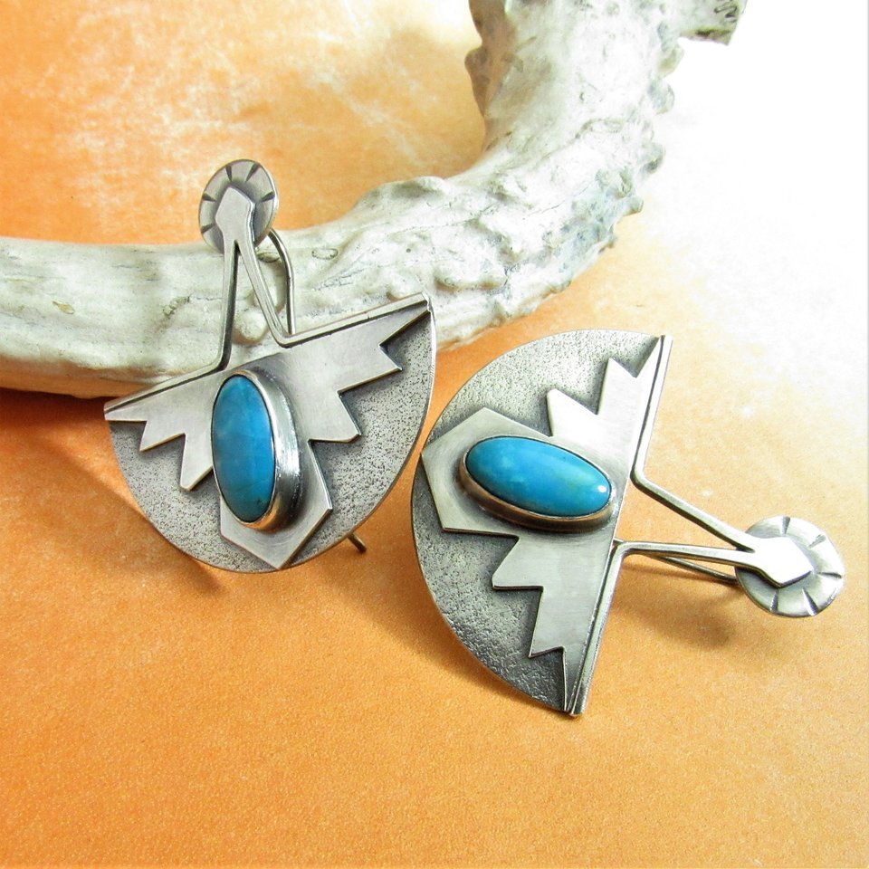 Turquoise Thunderbird Earrings,  Southwest Argentium Silver Jewelry
