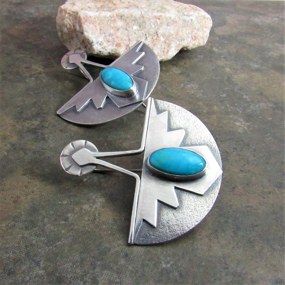 Turquoise Thunderbird Earrings,  Southwest Argentium Silver Jewelry
