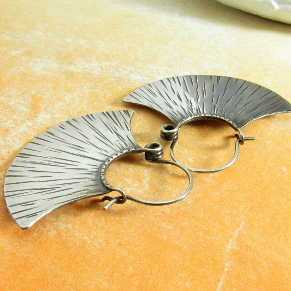 Sterling Silver Fan Earrings, Bold Statement Hoops, Argentium Metalsmith Jewelry