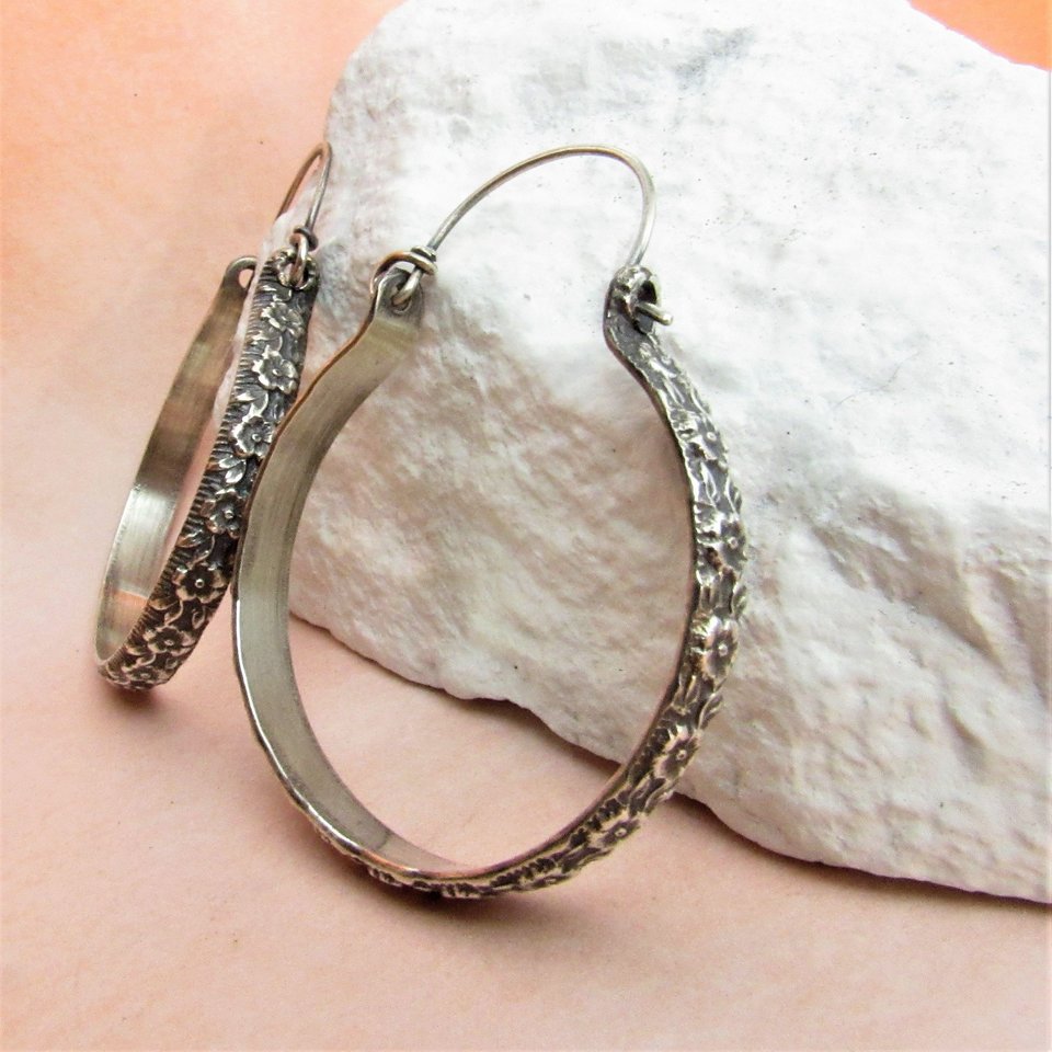 Large Sterling Silver Hoop Earrings, Romantic Rose Floral Metalwork