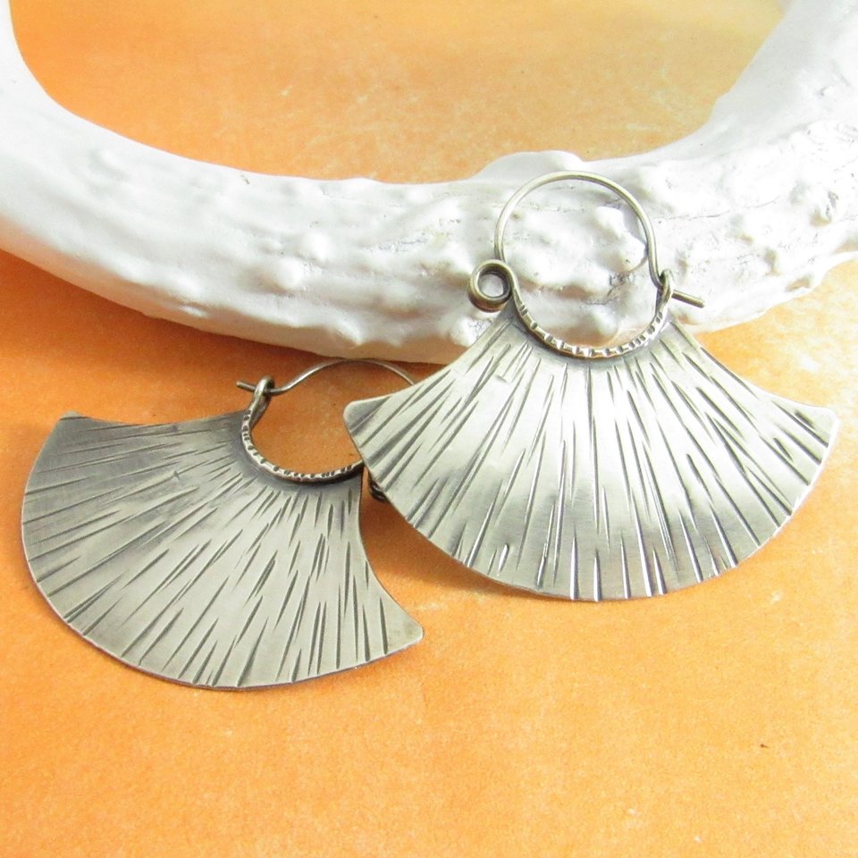 Sterling Silver Fan Earrings, Bold Statement Hoops, Argentium Metalsmith Jewelry